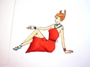 Sitzendes Mangagirl in rotem Kleid mit hochstehenden Zöpfen