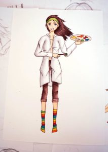 Stehendes Mangamädchen mit Malerkittel, Pinsel und Farbpalette.