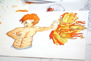 Comicheld mit nacktem Oberkörper und roten Haaren, der einen Feuerball abwehrt