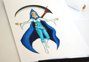 Farbige Zeichnung einer Mangaheldin mit blauem Cape