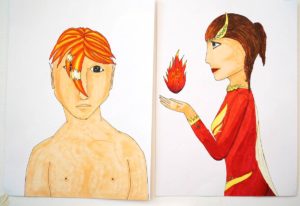 Zwei Mangacharaktere: ein Junge mit orangenem Haar von vorne, eine Frau mit Flammenball in seitlicher Darstellung.