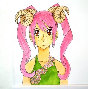 Personifizierung eines Sternzeichens: Mangagirl mit Hörnern und pinkem Haar